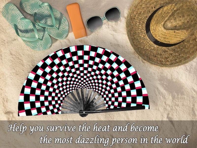 OMyTea Large Rave Clack Folding Hand Fan for Men/Women - Chinese Japanese Bamboo Handheld Fan - for EDM, Music Festival, Club, Event, Party, Dance, Performance, Decoration, Gift (Illusion Checkered) - Image 3